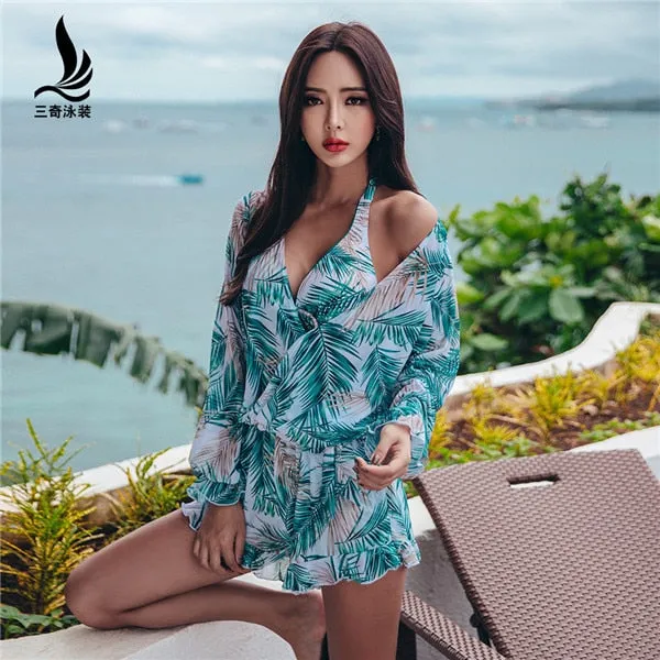 SANQi swimwear female Siamese skirt type boxer shorts Conservative show thin sports big code hot spring swimsuit bathing suit