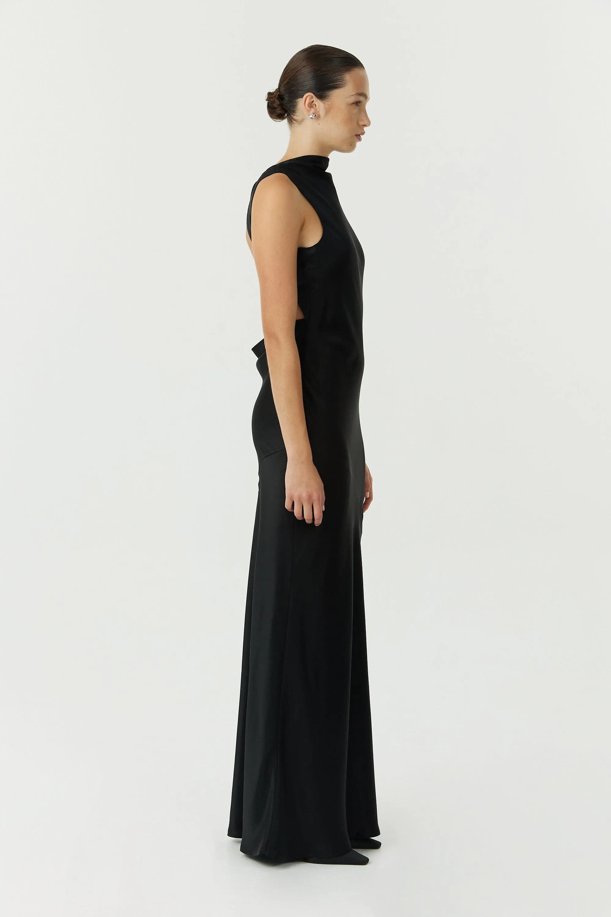 SATIN BIAS COWL BACK MAXI | BLACK
