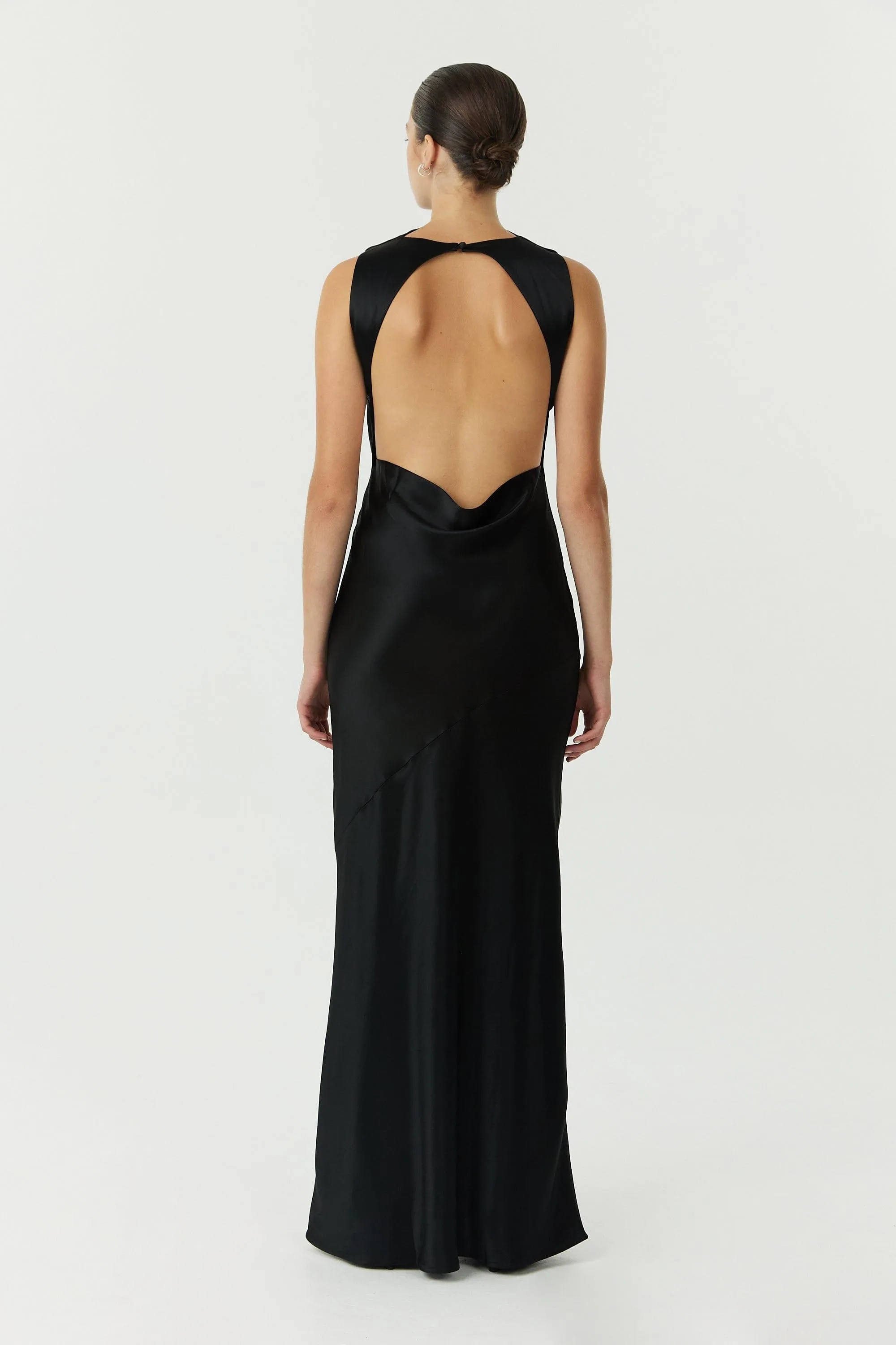 SATIN BIAS COWL BACK MAXI | BLACK