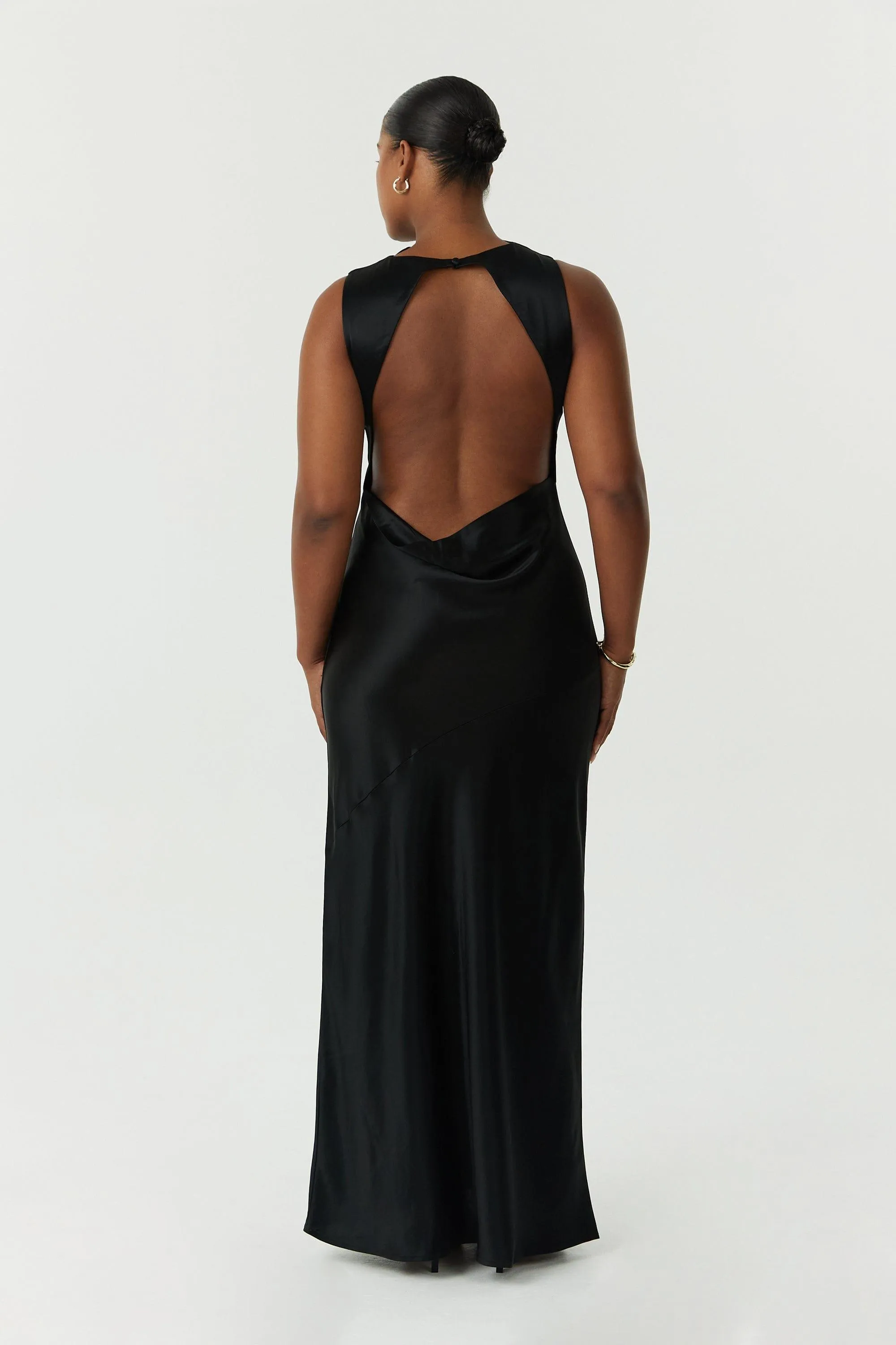 SATIN BIAS COWL BACK MAXI | BLACK