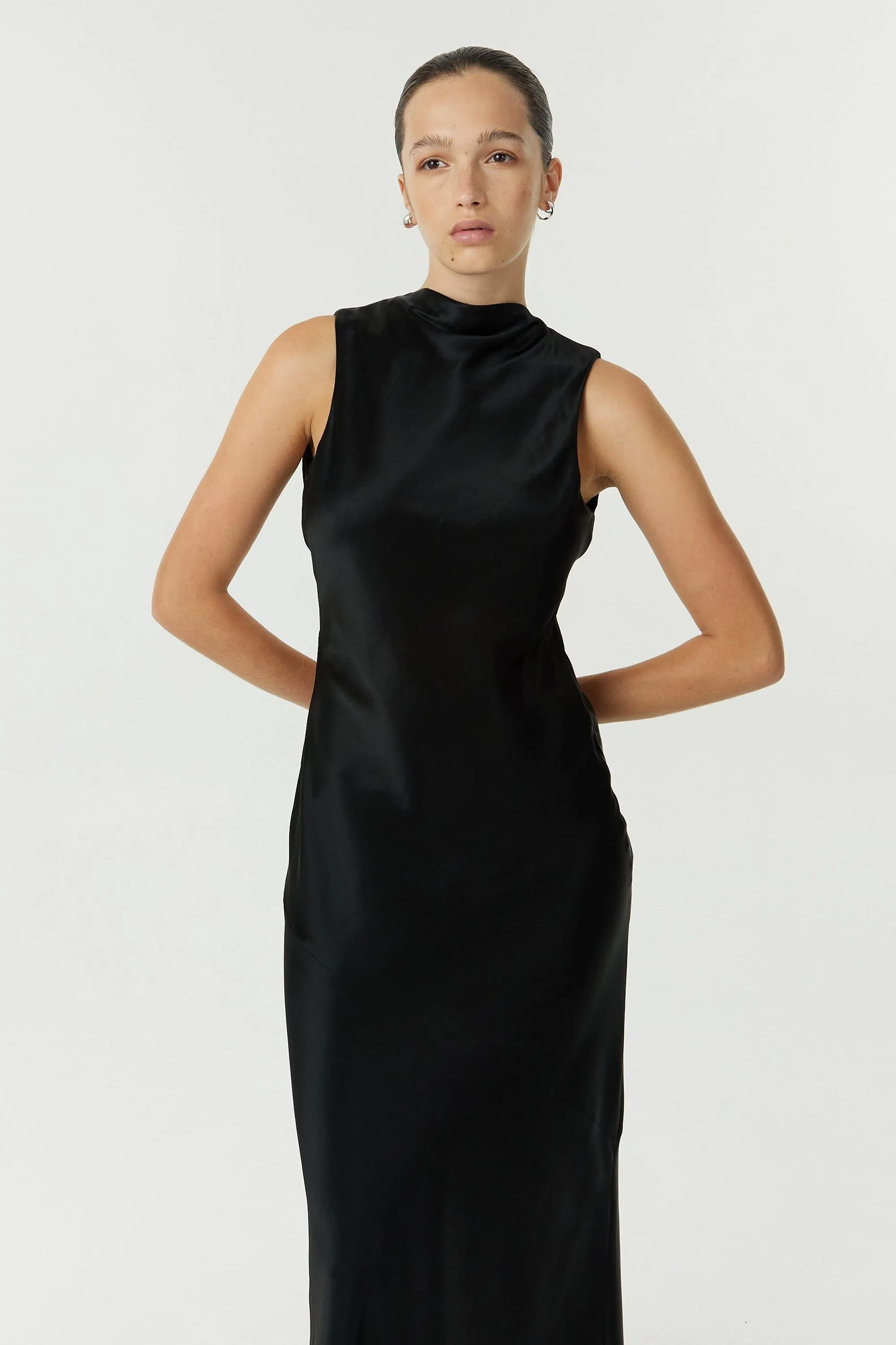 SATIN BIAS COWL BACK MAXI | BLACK