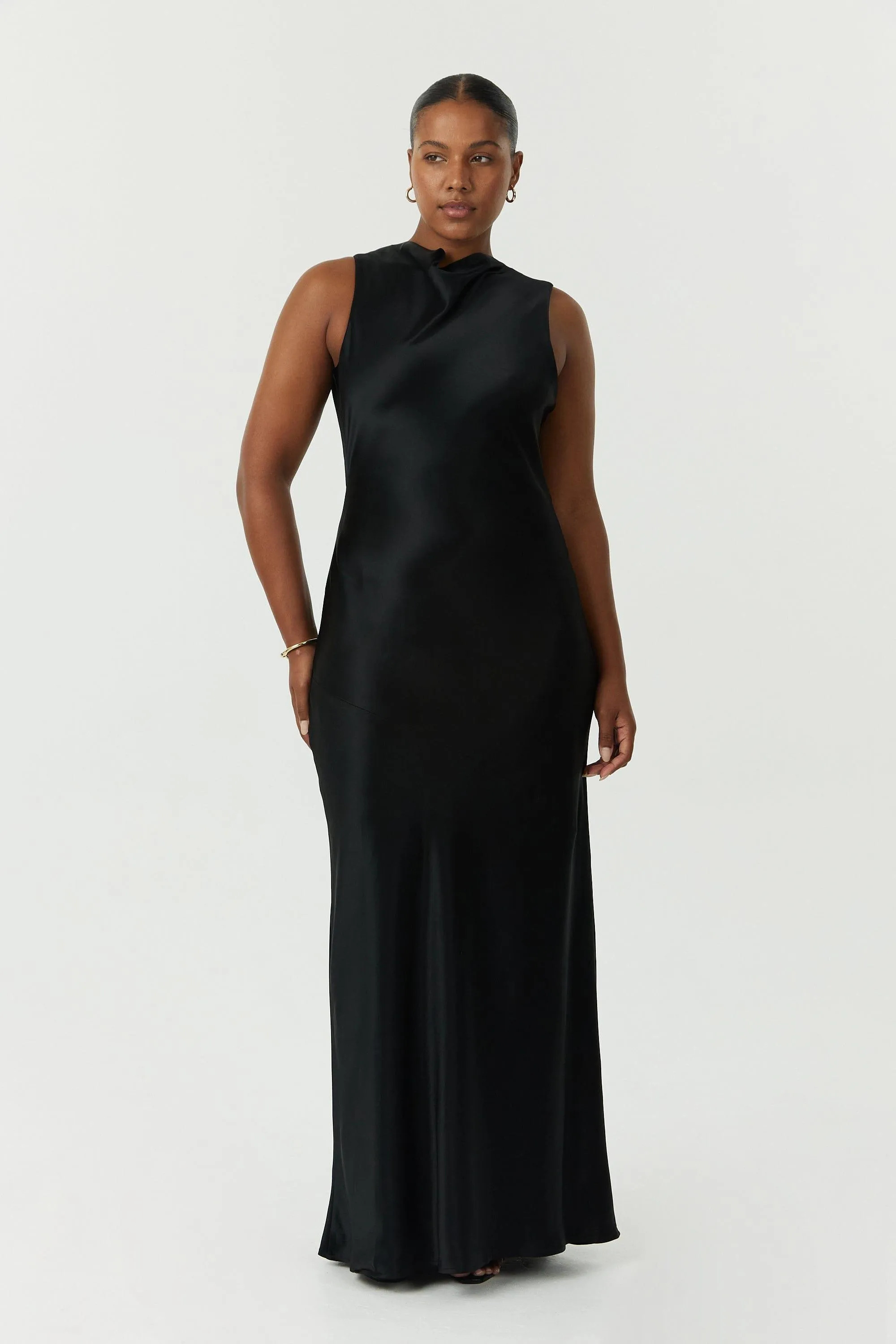 SATIN BIAS COWL BACK MAXI | BLACK