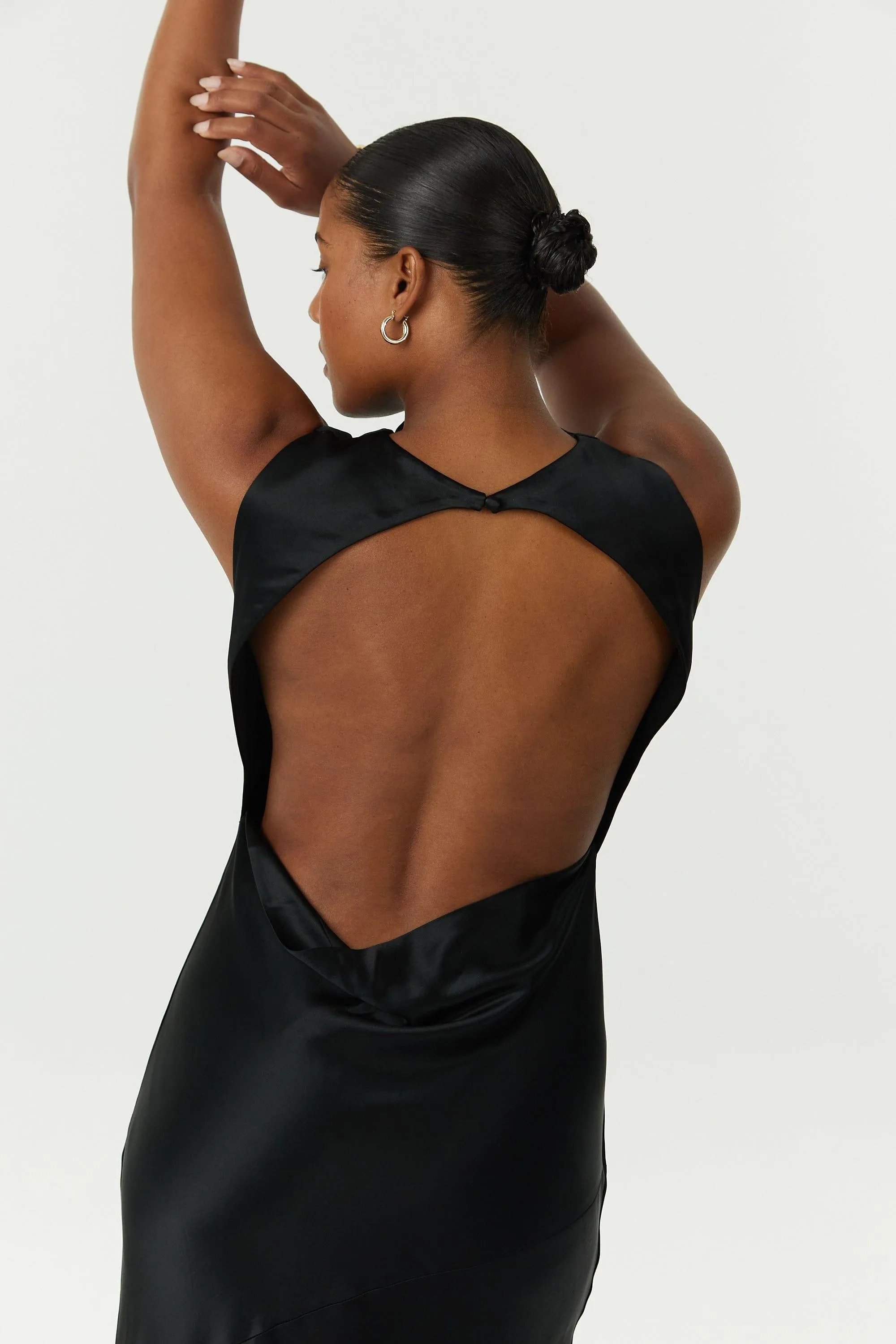 SATIN BIAS COWL BACK MAXI | BLACK