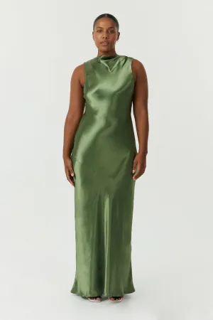 SATIN BIAS COWL BACK MAXI | OLIVE