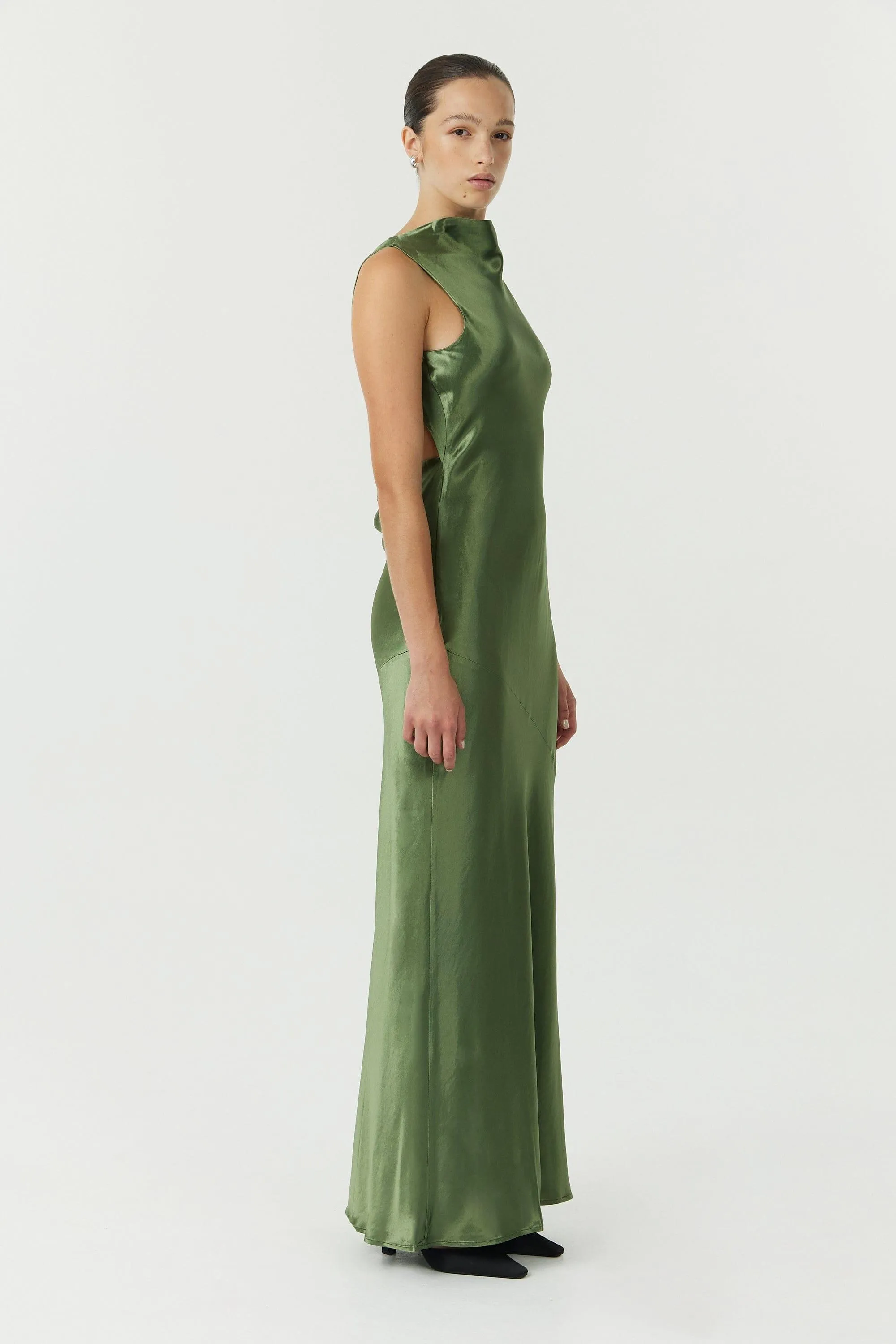 SATIN BIAS COWL BACK MAXI | OLIVE