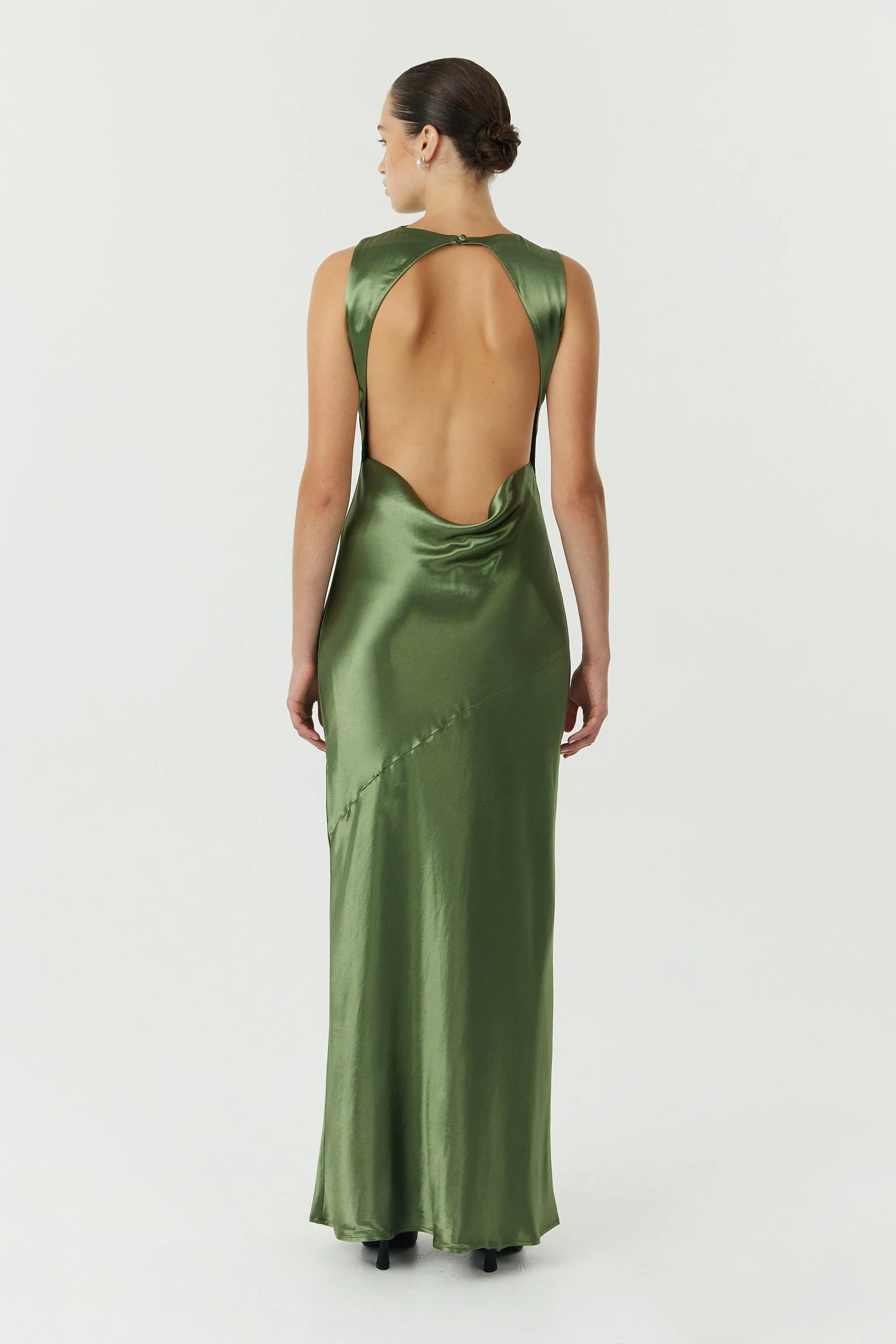 SATIN BIAS COWL BACK MAXI | OLIVE
