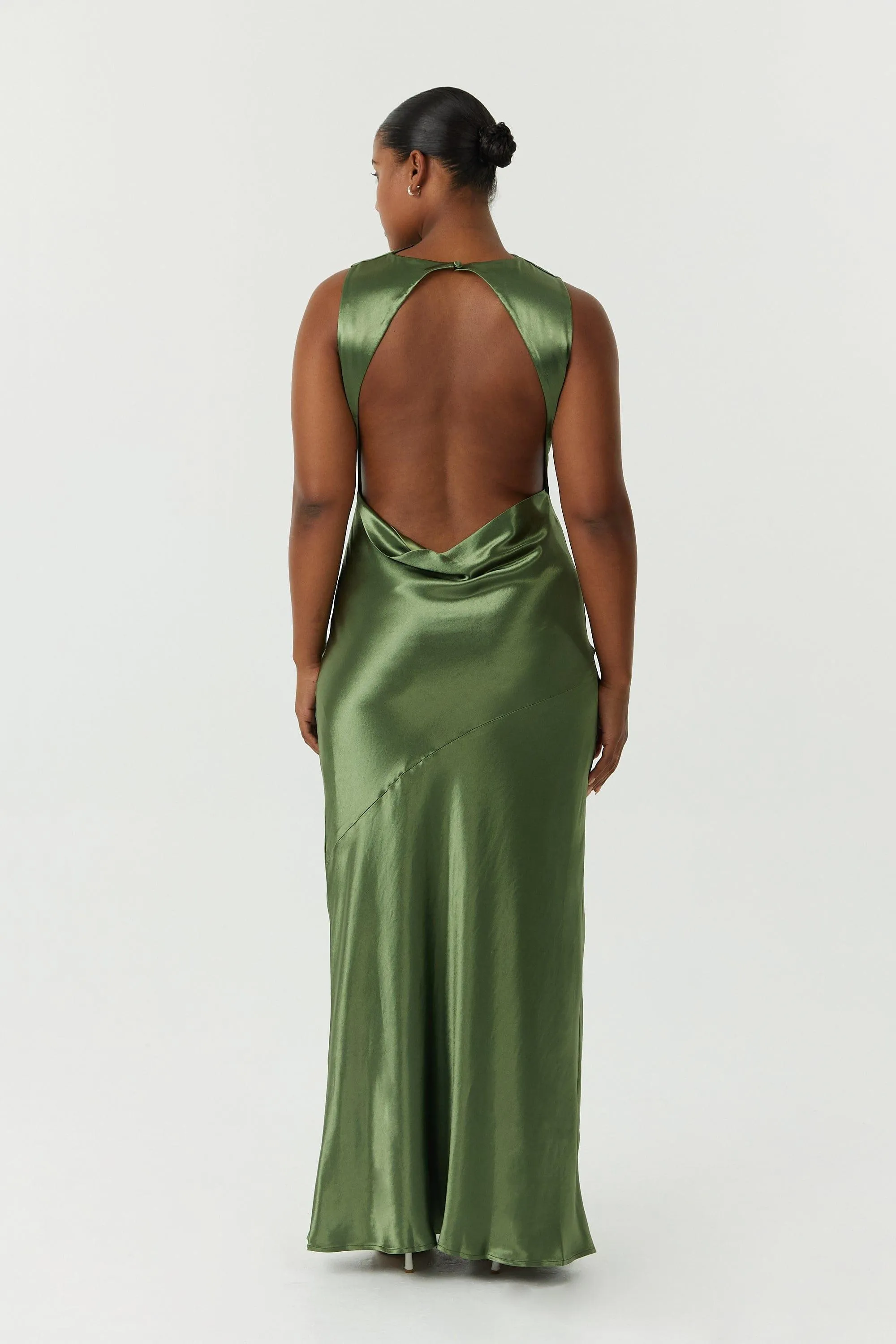 SATIN BIAS COWL BACK MAXI | OLIVE