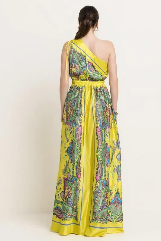 SATIN BORDER PRINT ONE SHOULDER MAXI DRESS