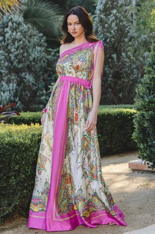 SATIN BORDER PRINT ONE SHOULDER MAXI DRESS