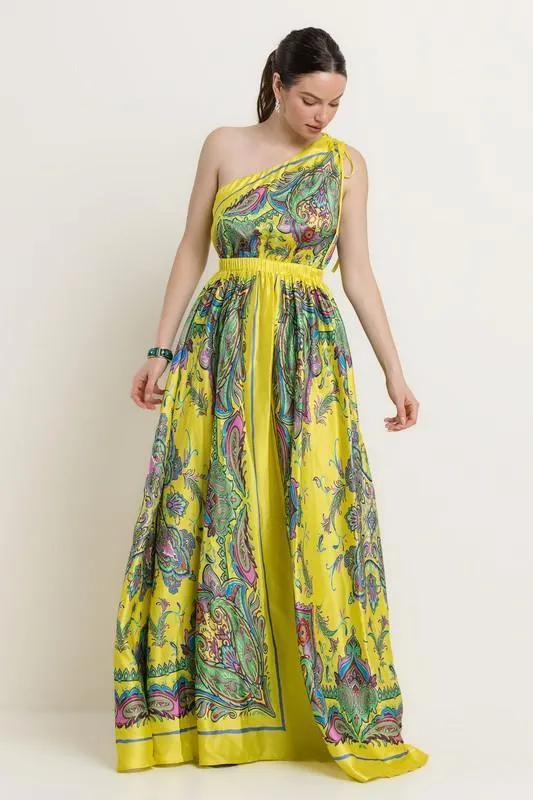 SATIN BORDER PRINT ONE SHOULDER MAXI DRESS