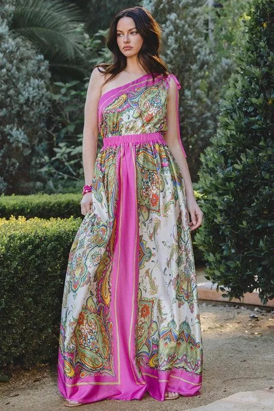 SATIN BORDER PRINT ONE SHOULDER MAXI DRESS