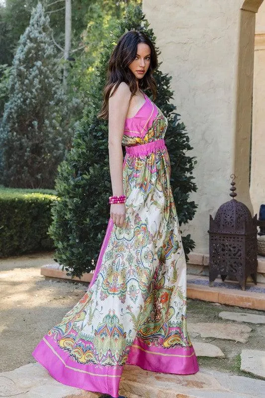 SATIN BORDER PRINT ONE SHOULDER MAXI DRESS