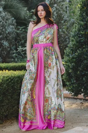SATIN BORDER PRINT ONE SHOULDER MAXI DRESS