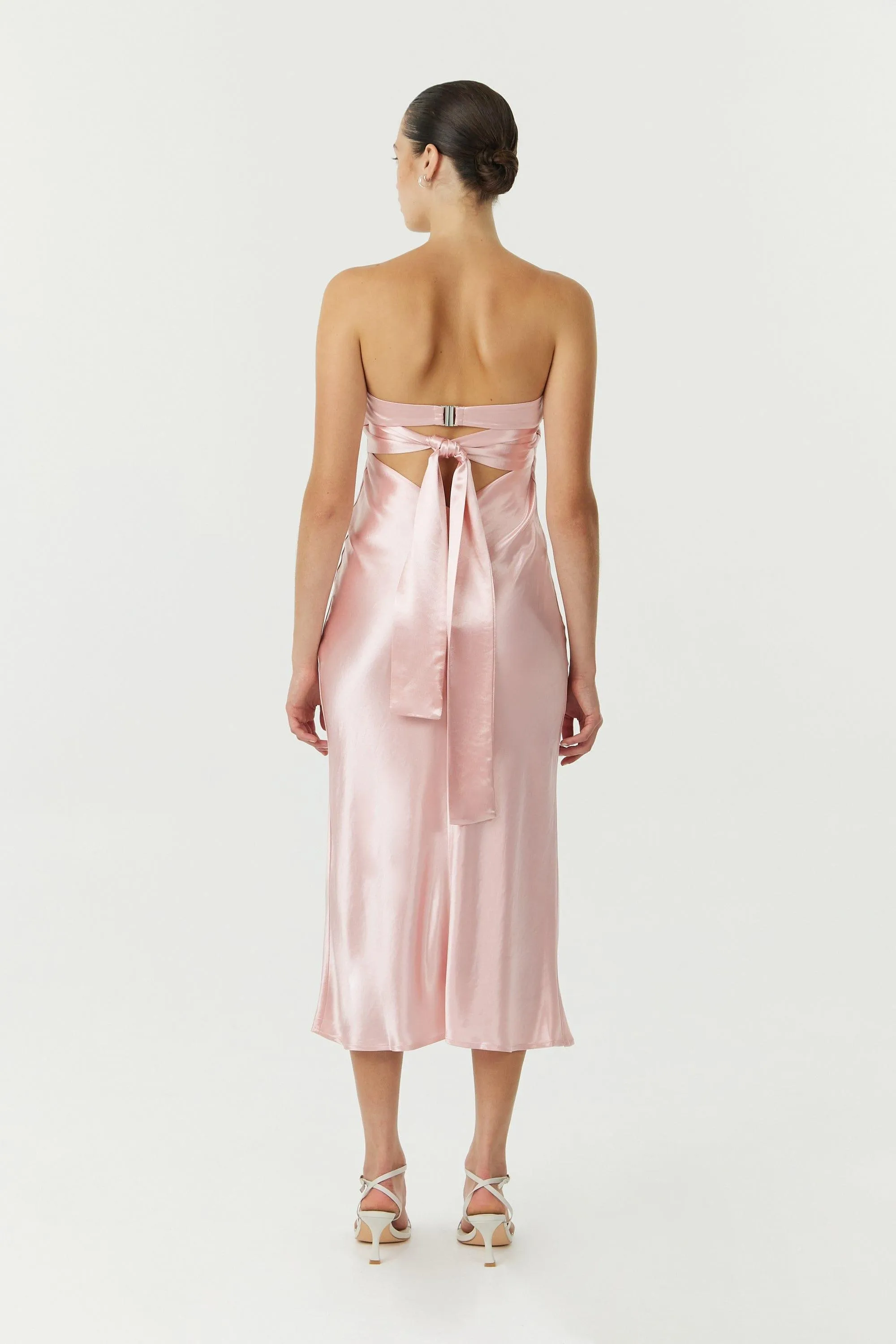 SATIN TIE BACK STRAPLESS MIDI | FAIRYFLOSS