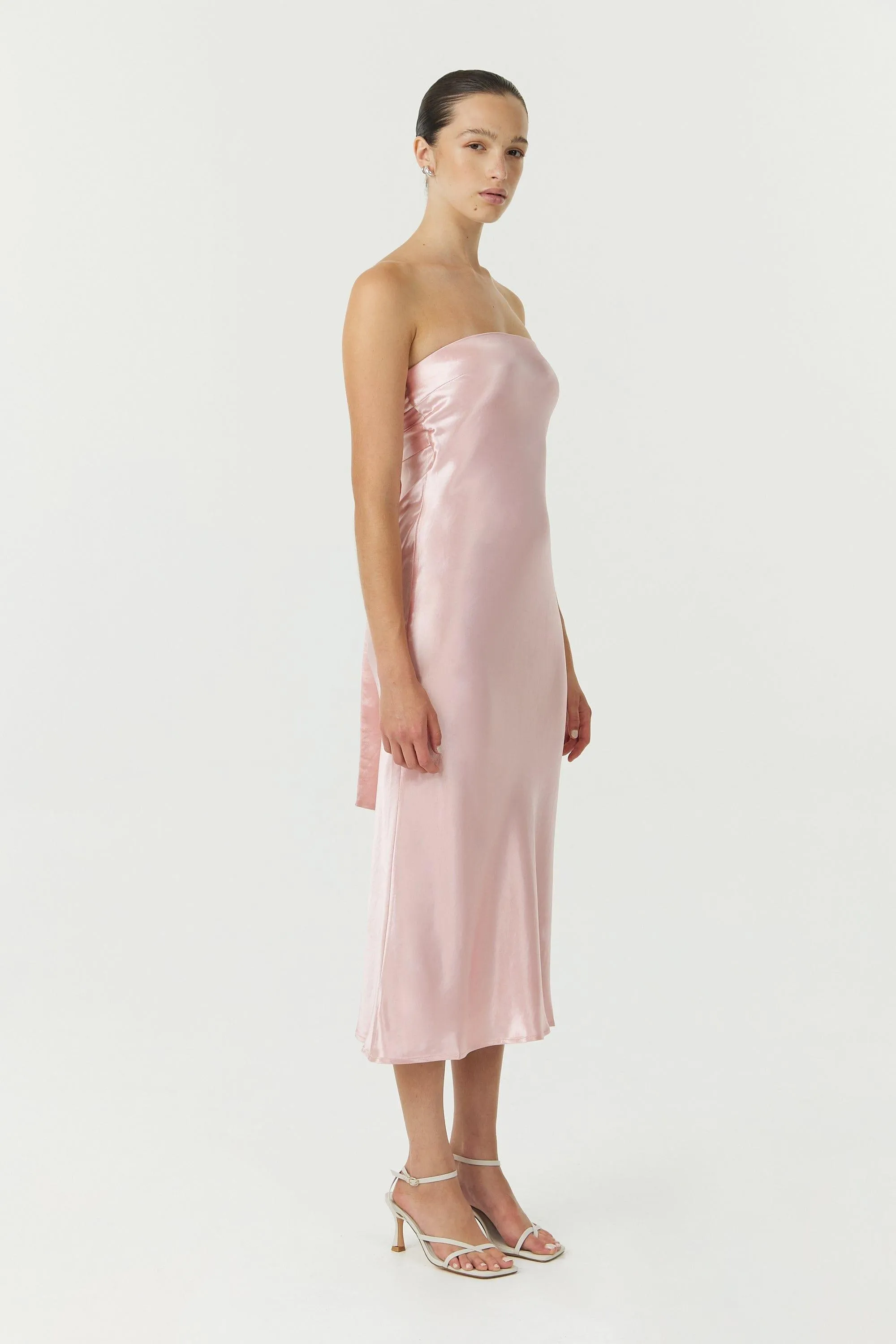 SATIN TIE BACK STRAPLESS MIDI | FAIRYFLOSS