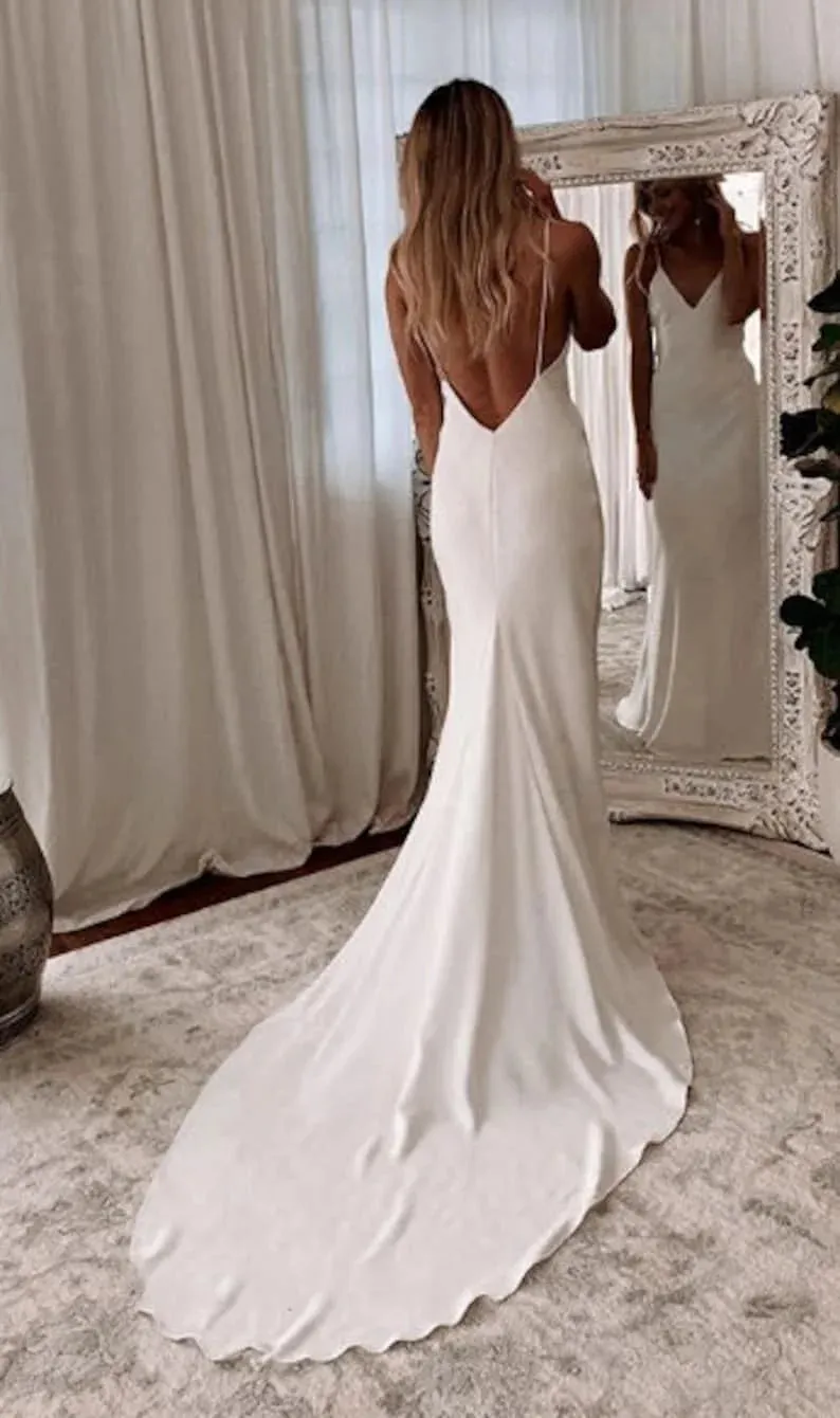 Satin Wedding Dress V-neck Spaghetti Straps Backless