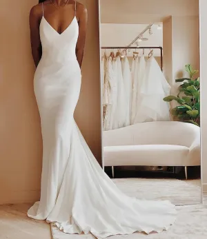 Satin Wedding Dress V-neck Spaghetti Straps Backless