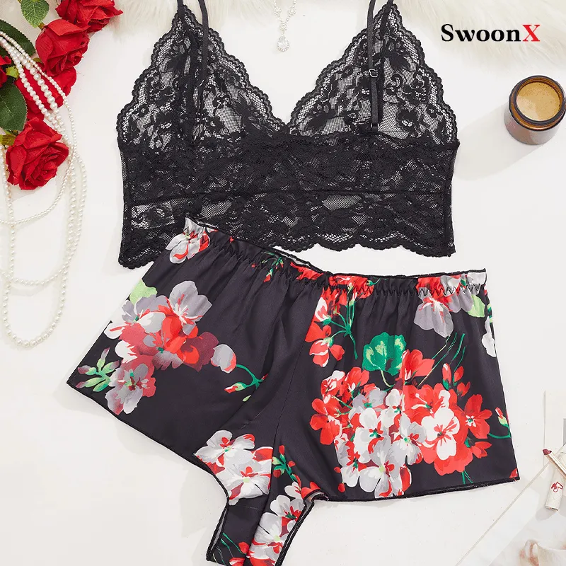 Seductive Lace Lingerie Set - Sheer Bra & Shorts Ensemble