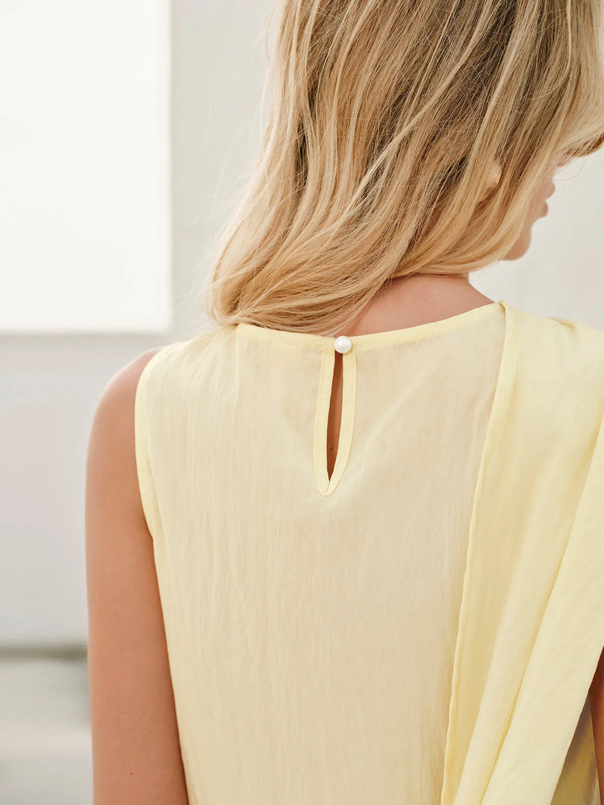 Semi-Sheer Cowl-Neck Sash Back Blouse