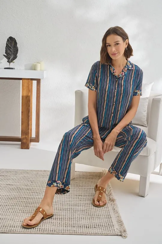 Sevim & Gizzey Blue Striped Floral Pajamas With Half Sleeves (Copy)