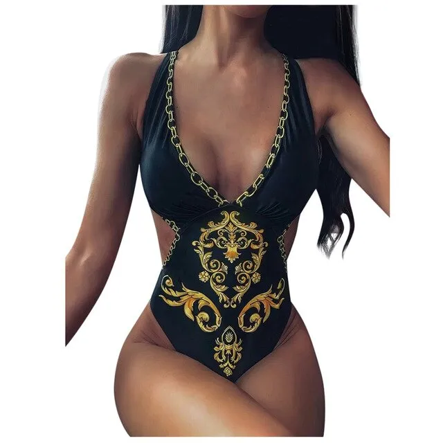 Sexy Baroque Print Criss Cross Monokini Swimsuit Swimwear