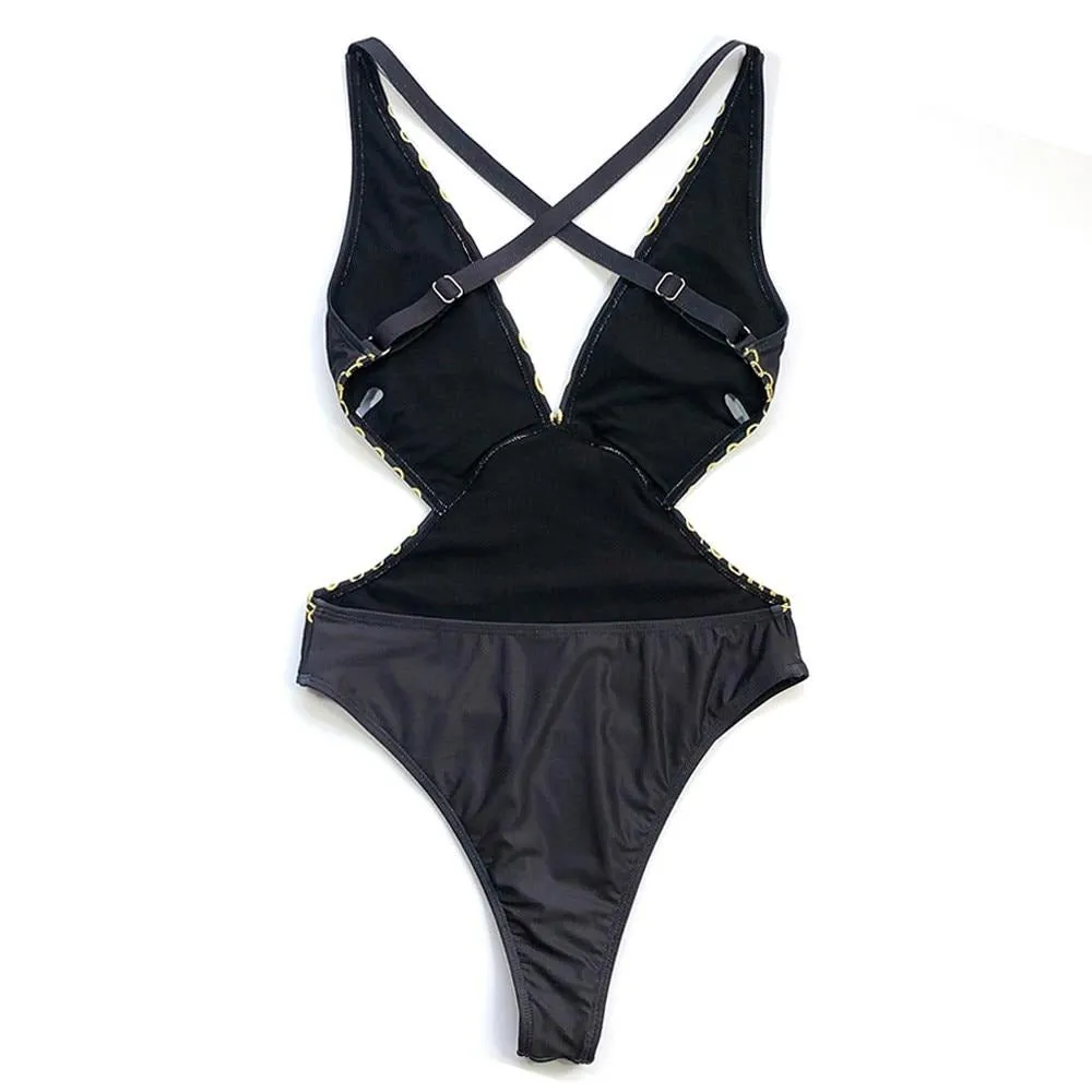 Sexy Black Swimwear Women Patchwork Halter swimsuit