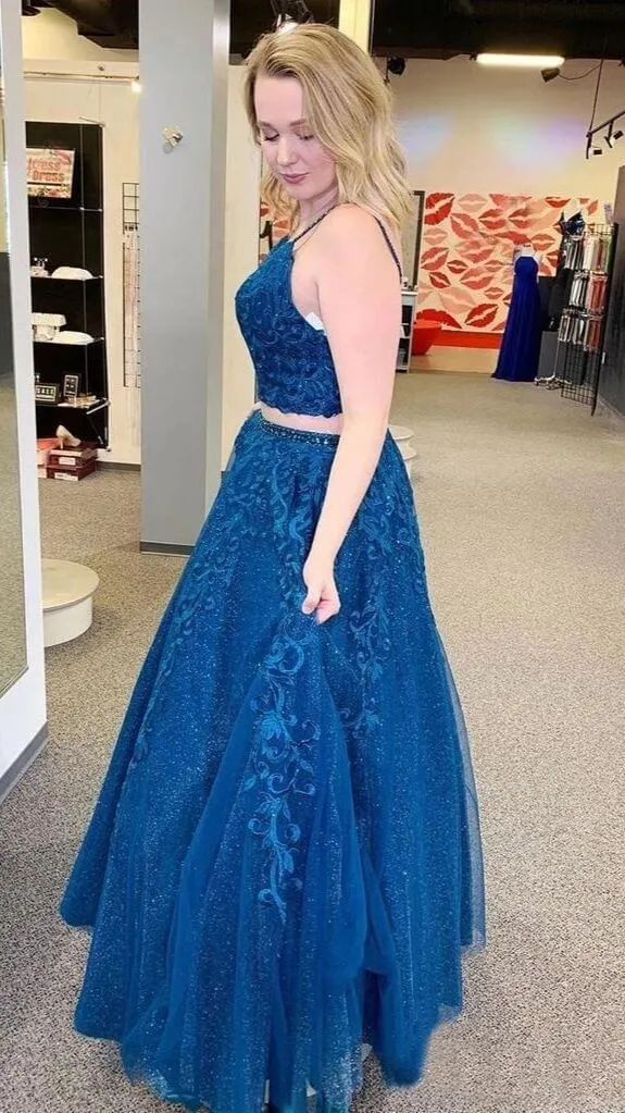 Sexy Blue 2 piece Prom Dresses Lace Sequin V Neck Formal Evening Dress