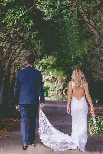Sexy Bohemian High Neck Front Split Beach Simple Lace Backless Wedding Dress-715339