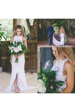 Sexy Bohemian High Neck Front Split Beach Simple Lace Backless Wedding Dress-715339