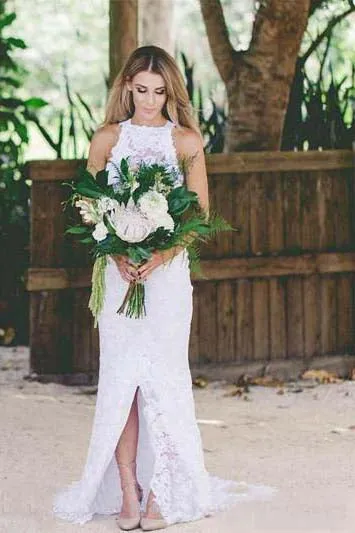 Sexy Bohemian High Neck Front Split Beach Simple Lace Backless Wedding Dress-715339