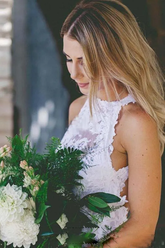 Sexy Bohemian High Neck Front Split Beach Simple Lace Backless Wedding Dress-715339