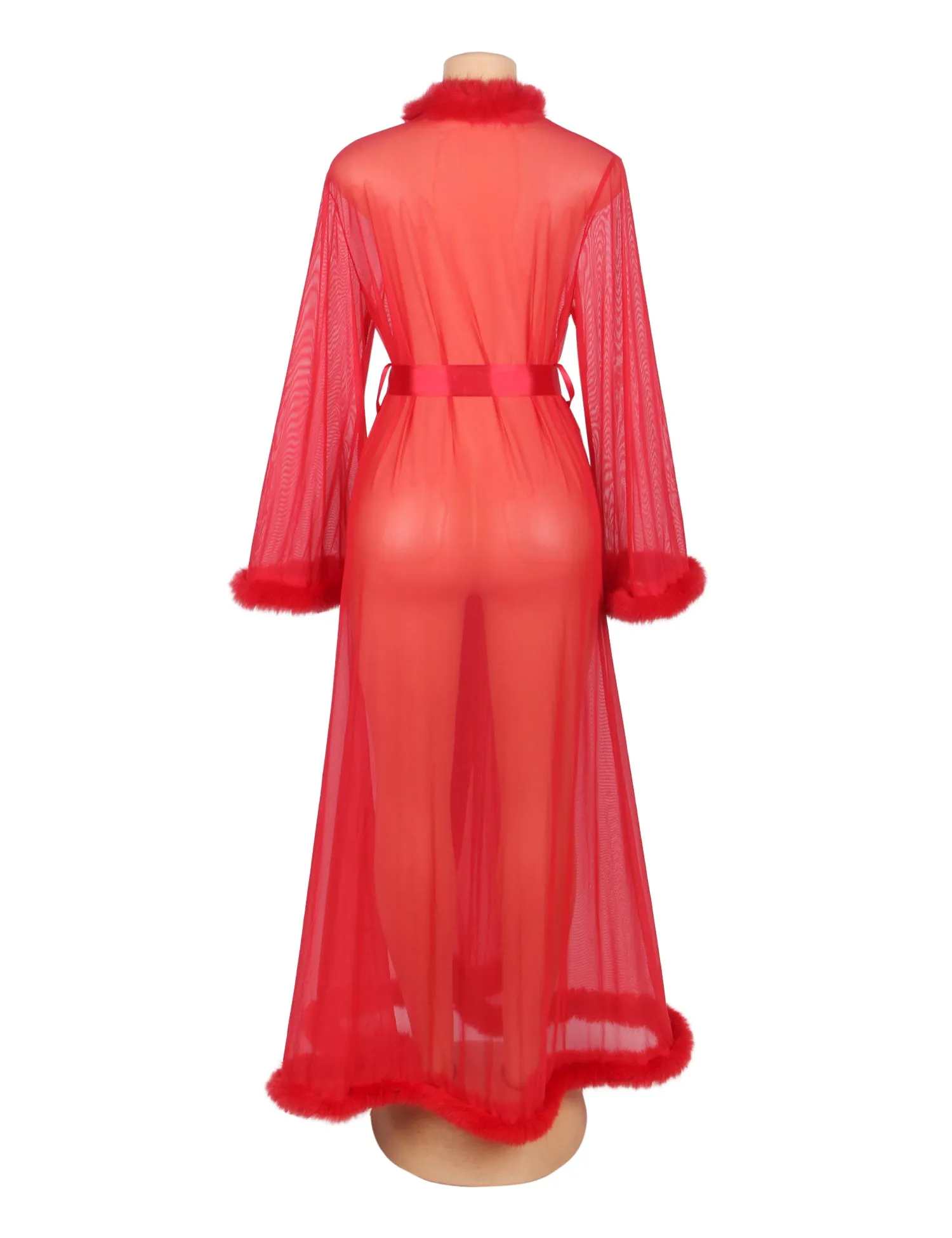 Sexy Egypt Mesh Imitation Mink Fur Trim Long Robe With Belt