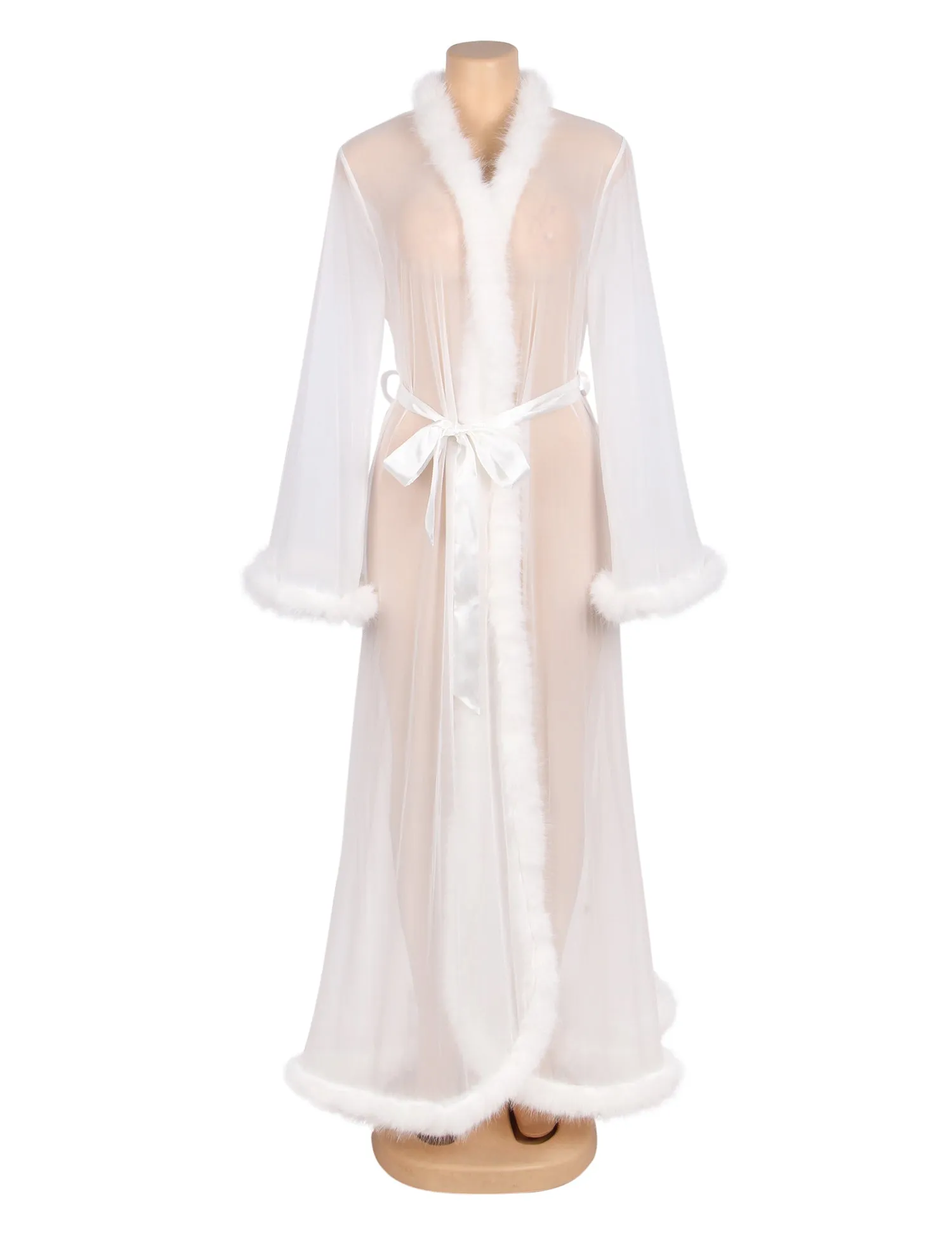 Sexy Egypt Mesh Imitation Mink Fur Trim Long Robe With Belt