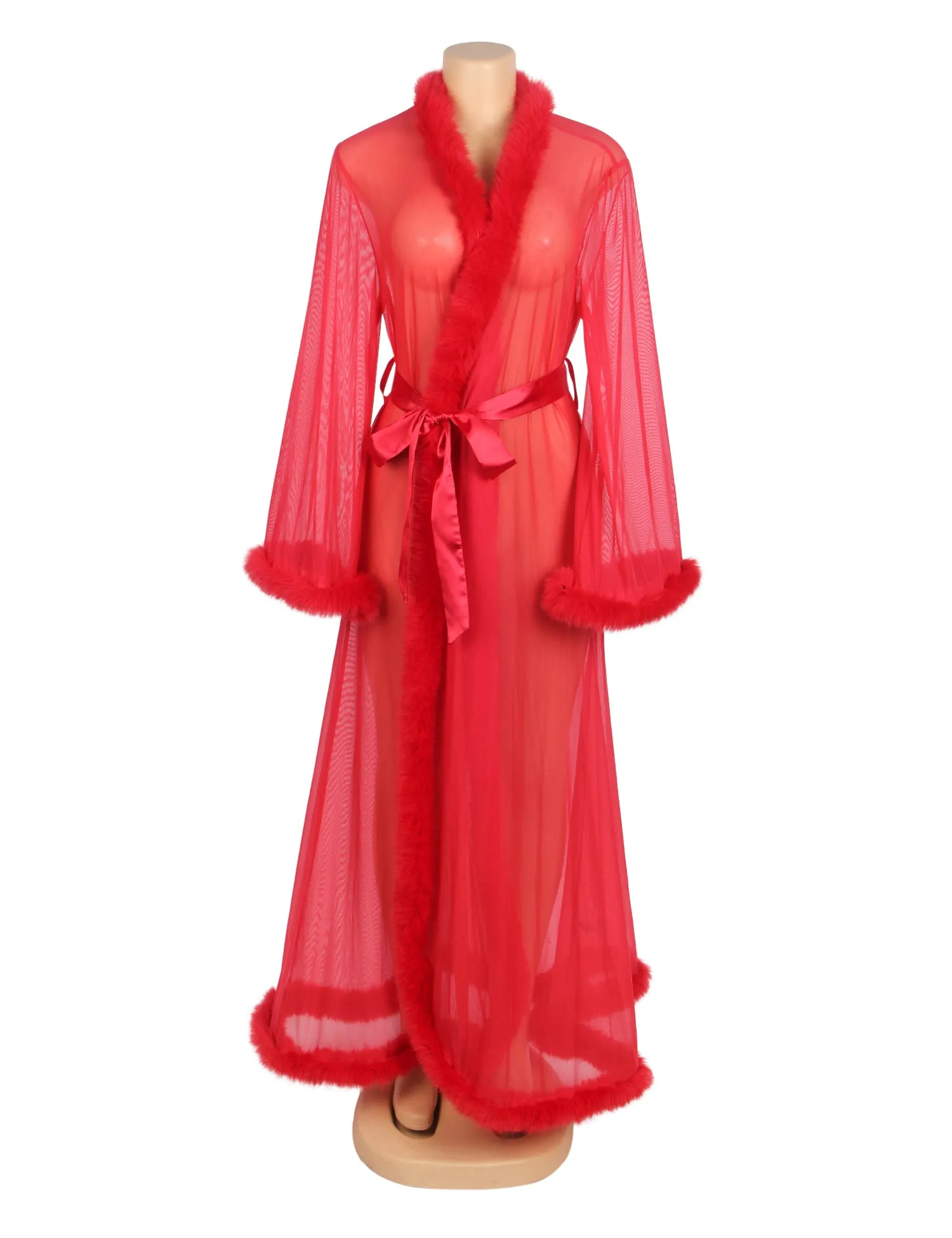 Sexy Egypt Mesh Imitation Mink Fur Trim Long Robe With Belt