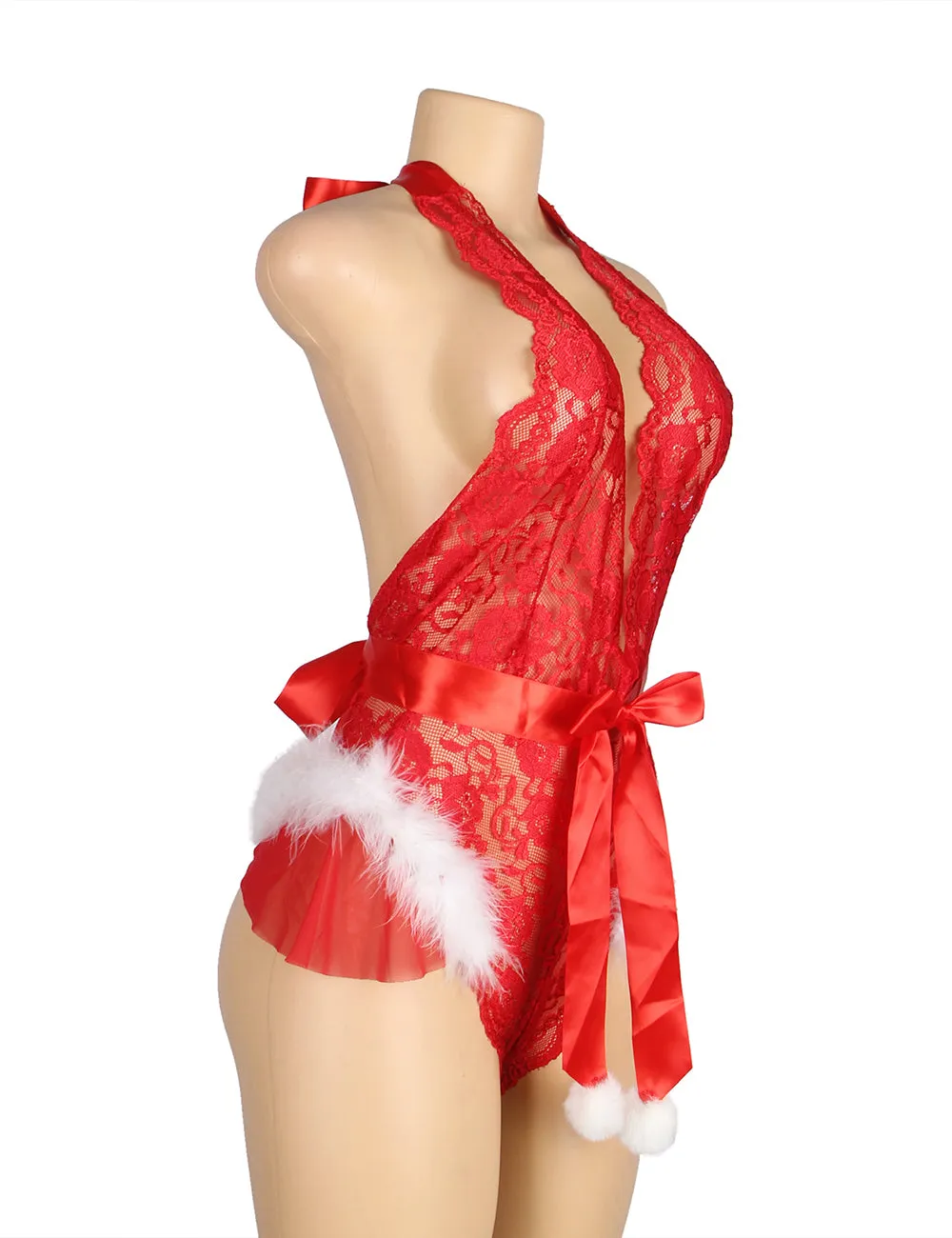 Sexy Egypt Red Christmas Type Lace Halter Teddy Lingerie