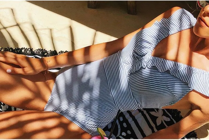 Sexy Female Retro V Neck Blue Striped Swimsuit One Piece Ruffled Push Up