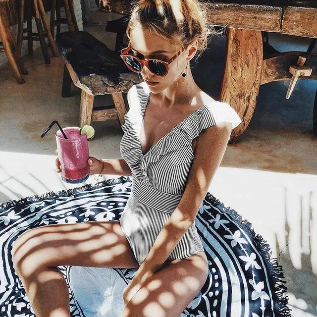 Sexy Female Retro V Neck Blue Striped Swimsuit One Piece Ruffled Push Up