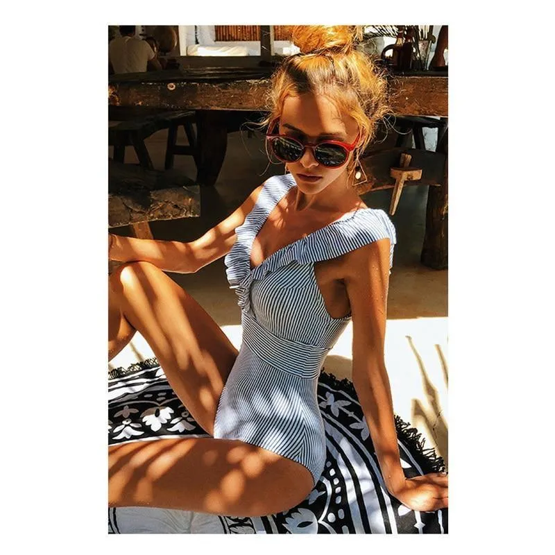 Sexy Female Retro V Neck Blue Striped Swimsuit One Piece Ruffled Push Up