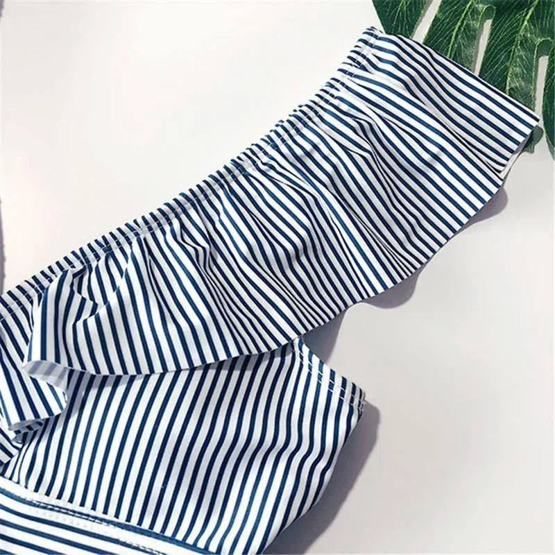 Sexy Female Retro V Neck Blue Striped Swimsuit One Piece Ruffled Push Up