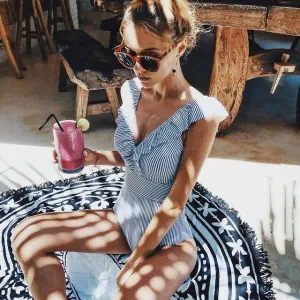 Sexy Female Retro V Neck Blue Striped Swimsuit One Piece Ruffled Push Up