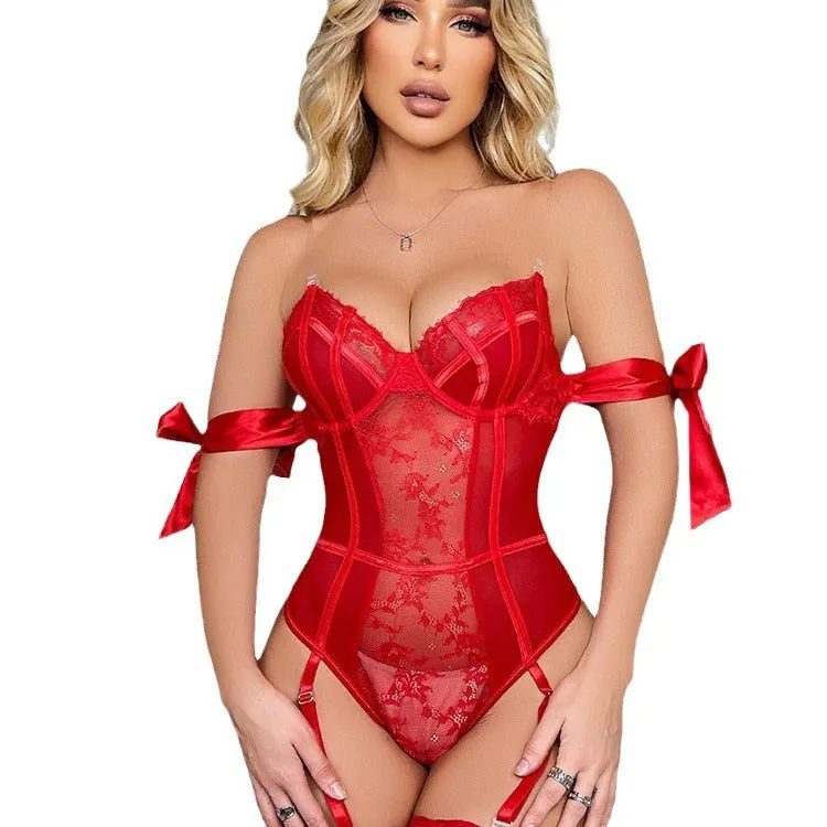 Sexy Lace Off-Shoulder Mesh Open-Back Lace-Up Bodysuit Set - Hot Lingerie