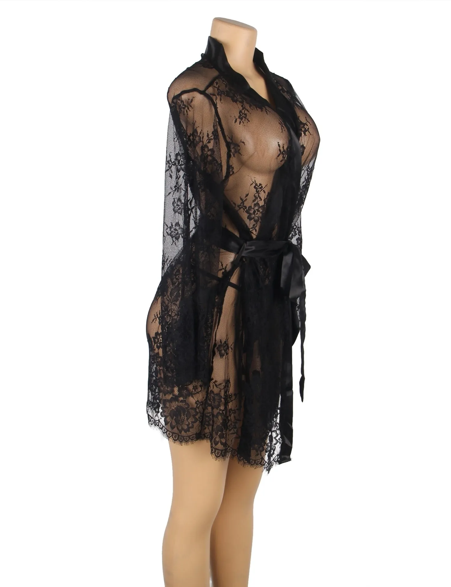 Sexy Long Sleeve White Eyelash Lace Plus Size Short Sleepwear Egypt With Thong