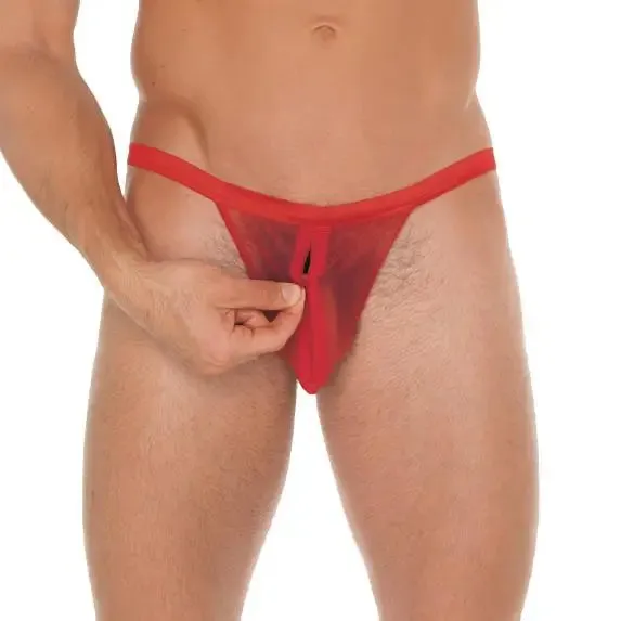 Sexy Mens Red Mesh G-string with Zip Up Pouch