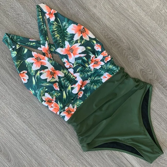 Sexy One Piece Swimsuit Female Floral Women Swimwear Push Up Bathing Suits Bodysuits Beach wear Deep V-neck Ruffle Monokini