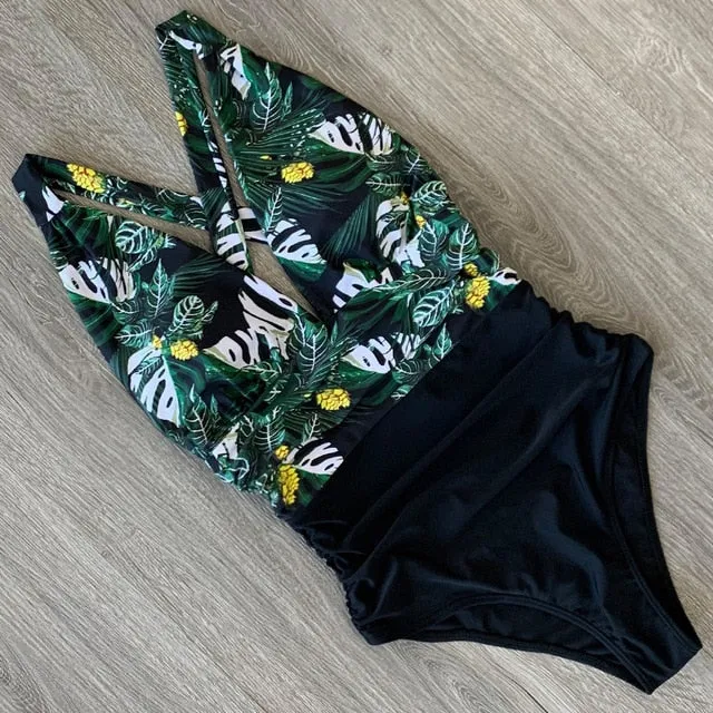 Sexy One Piece Swimsuit Female Floral Women Swimwear Push Up Bathing Suits Bodysuits Beach wear Deep V-neck Ruffle Monokini