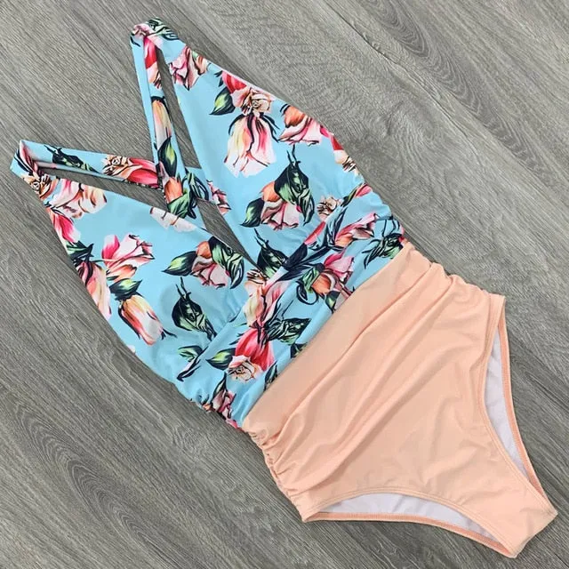 Sexy One Piece Swimsuit Female Floral Women Swimwear Push Up Bathing Suits Bodysuits Beach wear Deep V-neck Ruffle Monokini