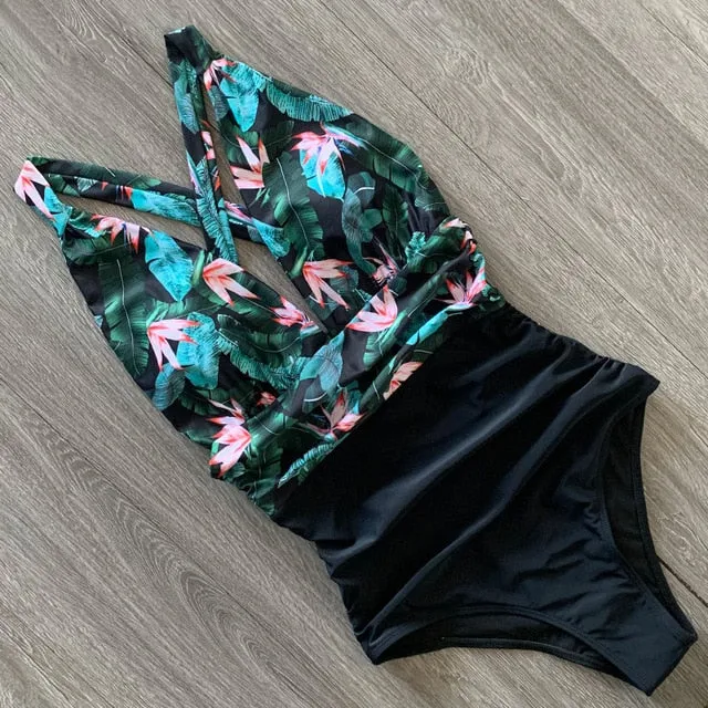 Sexy One Piece Swimsuit Female Floral Women Swimwear Push Up Bathing Suits Bodysuits Beach wear Deep V-neck Ruffle Monokini