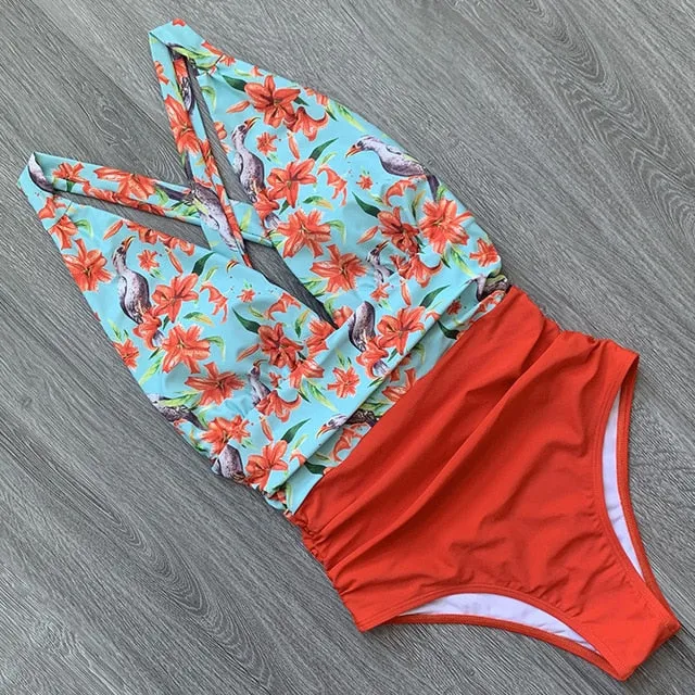 Sexy One Piece Swimsuit Female Floral Women Swimwear Push Up Bathing Suits Bodysuits Beach wear Deep V-neck Ruffle Monokini