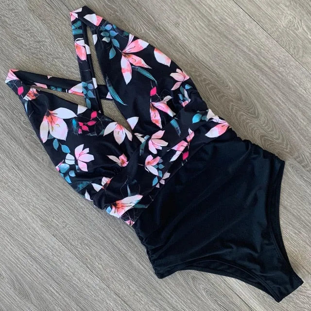 Sexy One Piece Swimsuit Female Floral Women Swimwear Push Up Bathing Suits Bodysuits Beach wear Deep V-neck Ruffle Monokini