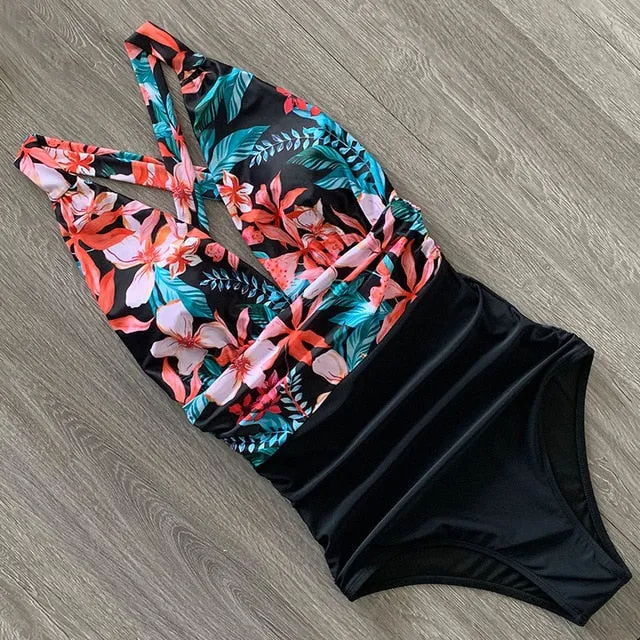 Sexy One Piece Swimsuit Female Floral Women Swimwear Push Up Bathing Suits Bodysuits Beach wear Deep V-neck Ruffle Monokini